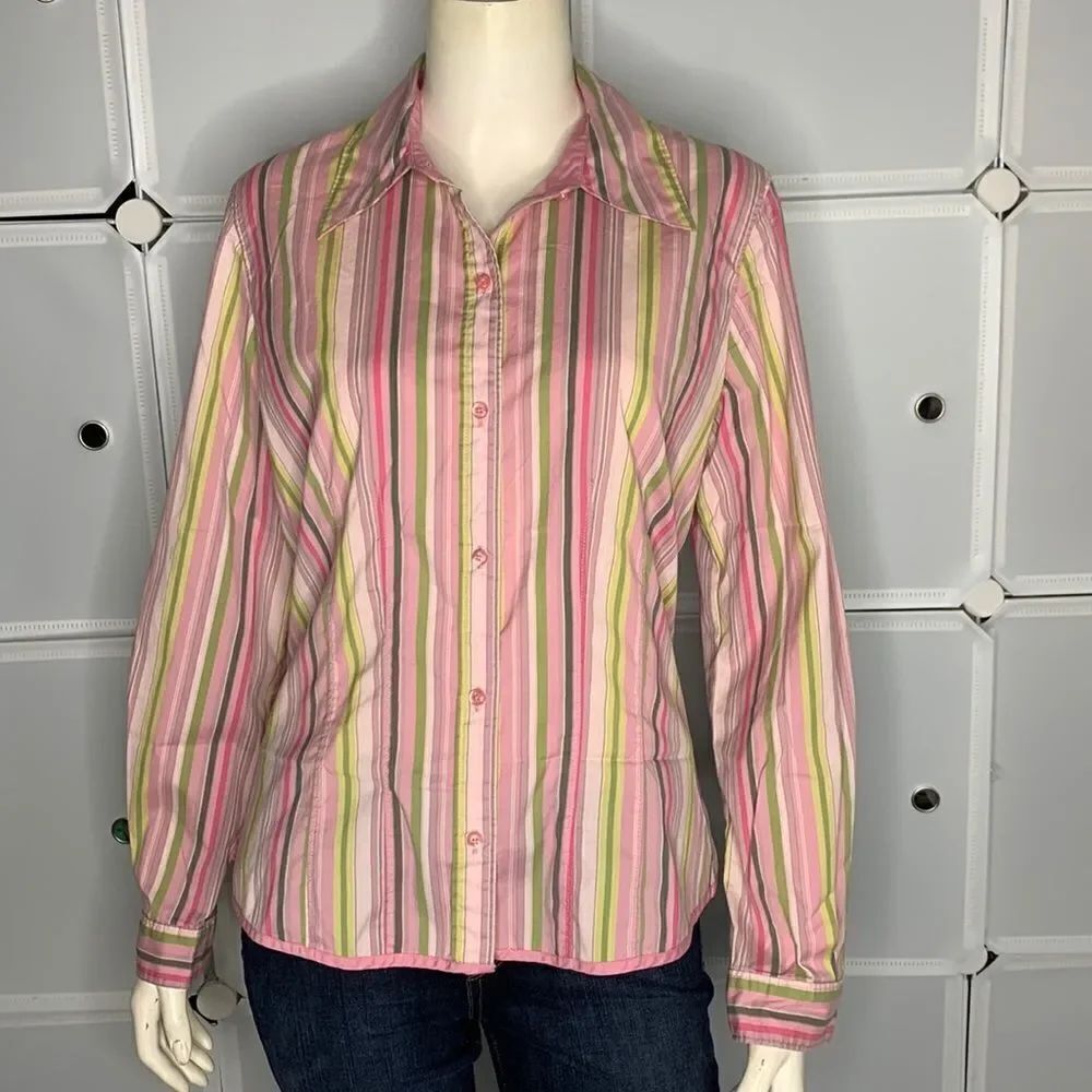 Sigrid Olsen Pink & Green Stripe Button Up Shirt Size Medium